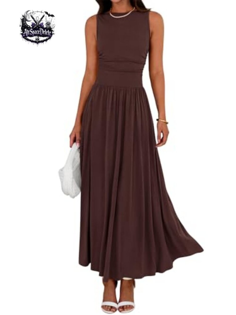 Sleeveless Maxi Dress Crew Neck Ruched High Waist A-Line Pockets